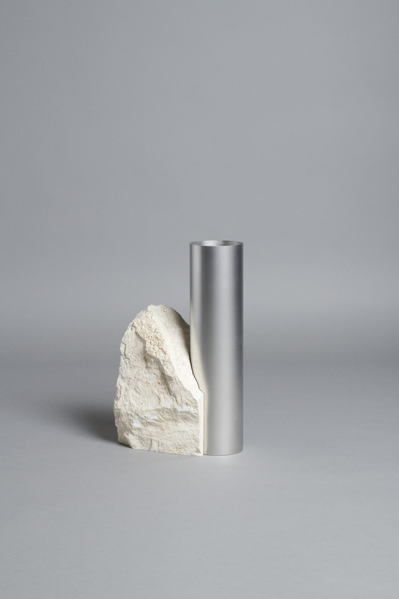 Bloc Studios x Tableau, Minimal white travertine and metal vase
